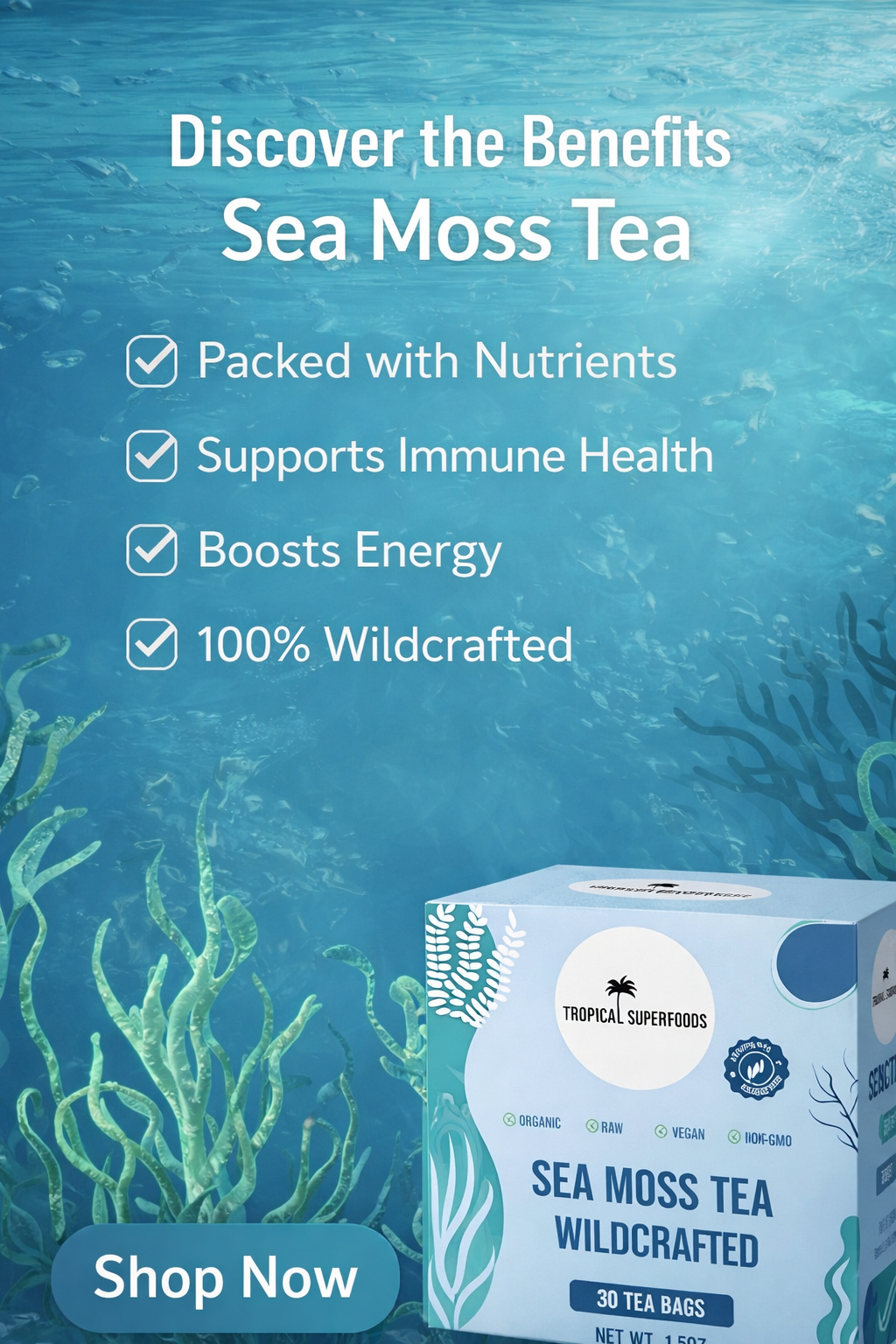 Sea Moss Tea Pure Wildcrafted Organic Sea Moss Tea 92 Minerals - 30 Sea Moss Tea Bags